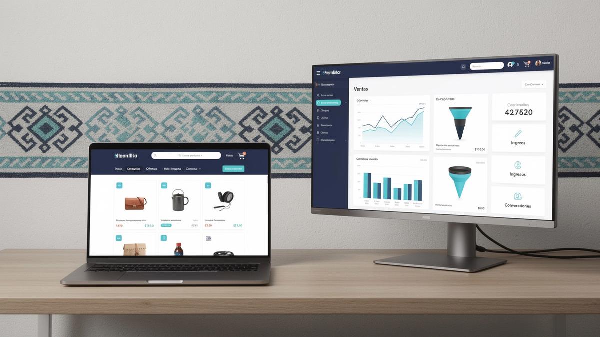 Vista previa de un ecommerce moderno en laptop con panel de métricas