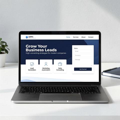 Website corporativo con secciones de servicios, casos y formulario